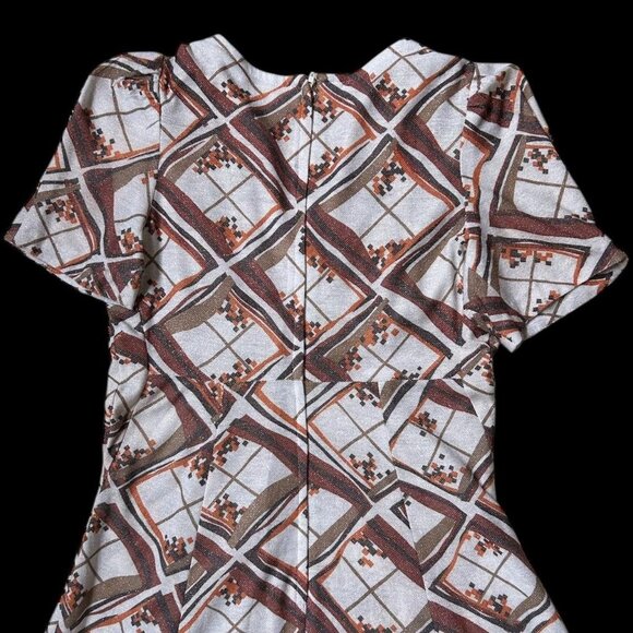 70s vintage geometric plaid print maxi dress abstract empire waist puff sleeve. - Picture 4 of 5